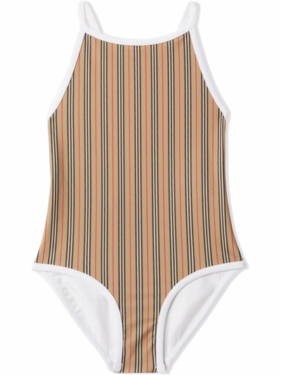 Shop Burberry Icon Stripe Swimsuit In Neutrals
