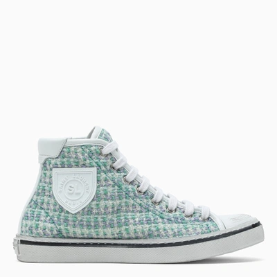 Shop Saint Laurent Tweed And Leather Malibu Sneakers In Light Blue