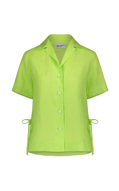 Shop Matthew Bruch Women's Camp Side-slit Linen Shirt In Green
