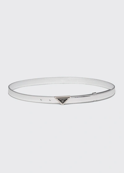 Shop Prada Triangle Logo Leather Belt In Silver