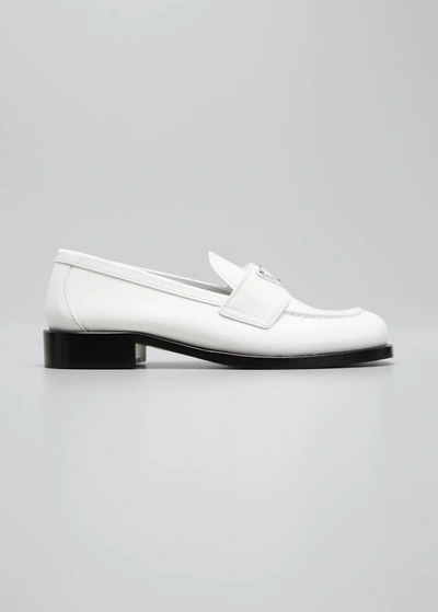 Shop Prada Calfskin Logo Flat Loafers In Bianco