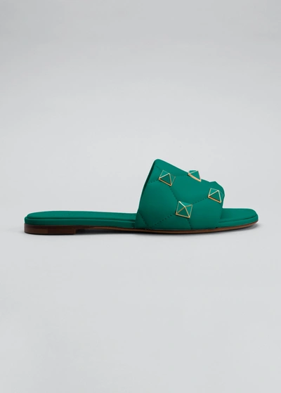Shop Valentino Roman Stud Enameled Flat Slide Sandals In Green