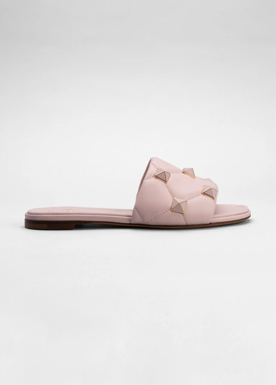 Shop Valentino Roman Stud Enameled Flat Slide Sandals In Rose