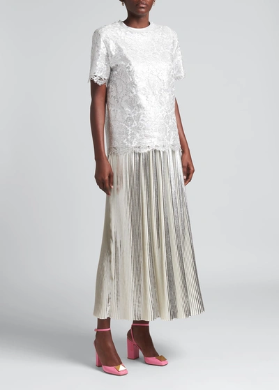 Shop Valentino Metallic Pleated Midi Skirt In White Multi