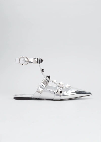 Shop Valentino Roman Stud Metallic Ankle-strap Ballerina Flats In Silver