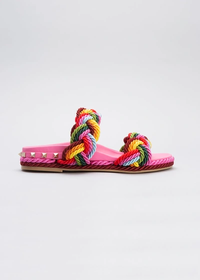 Shop Valentino 5mm Rockstud Woven Two-band Sandals In Pink Multi