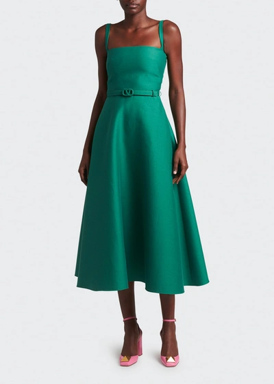 Shop Valentino Square-neck Belted Midi Dress In Bt Green