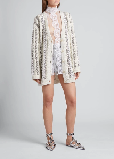 Shop Valentino Sequin-embellished Logo Cable-knit Wool Cardigan Sweater In White Multi