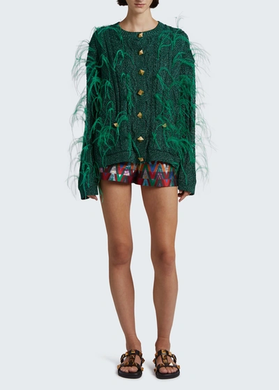 Shop Valentino Feather-embellished Oversized Cardigan Sweater In Bt Green