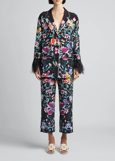 Shop Valentino Floral Print Silk Pajama Pants In Black Multi