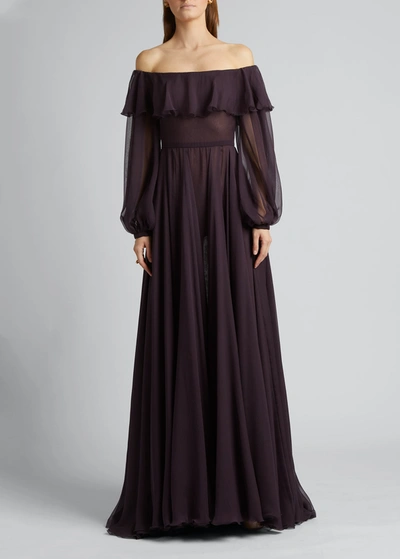 Shop Valentino Foldover Off-the-shoulder Chiffon Gown In Plum