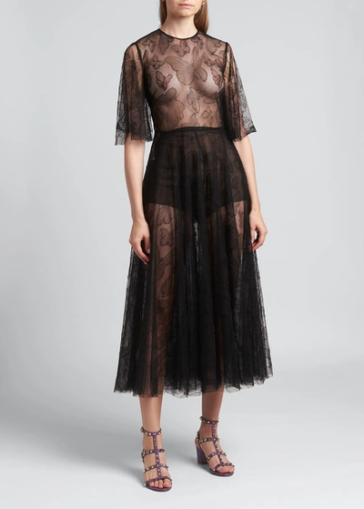 Shop Valentino Butterfly Lace Fit-&-flare Midi Dress In Black