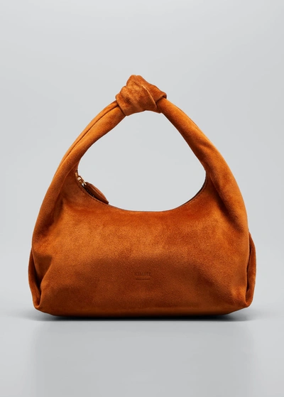 Shop Khaite Beatrice Small Knot Suede Hobo Bag In Caramel