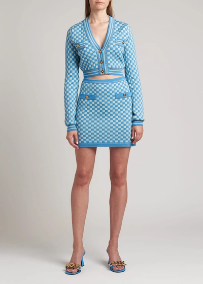 Shop Versace Checked Wool Cardigan In Skymint
