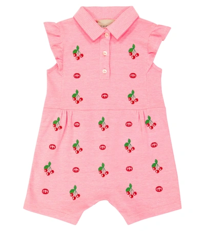 Shop Gucci Baby Embroidered Cotton Bodysuit In Soft Rose/mix