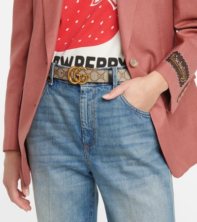 Gucci Brown Reversible Belt With Buckle With Double G Logo In Gg Canvas Woman In Be Ebony/nero