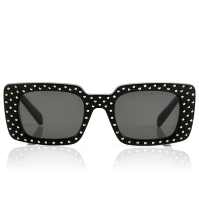 Shop Celine Embellished Rectangular Sunglasses In Shiny Black/smoke