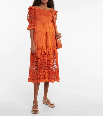 Shop Self-portrait Embroidered Cotton Poplin Midi Dress In Burnt Orange