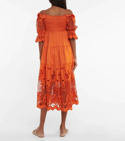 Shop Self-portrait Embroidered Cotton Poplin Midi Dress In Burnt Orange