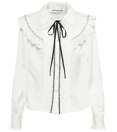 Shop Self-portrait Ruffled Lace-trimmed Twill Shirt In White