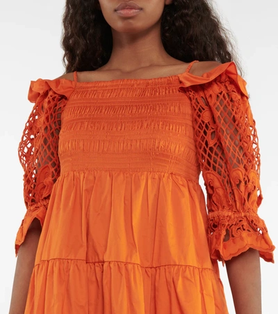 Shop Self-portrait Embroidered Cotton Poplin Midi Dress In Burnt Orange