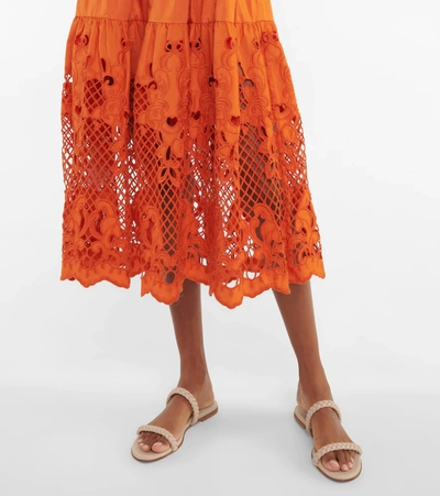 Shop Self-portrait Embroidered Cotton Poplin Midi Dress In Burnt Orange