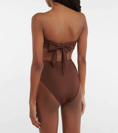 Shop Self-portrait Ruched High-rise Bikini Bottoms In Fudge