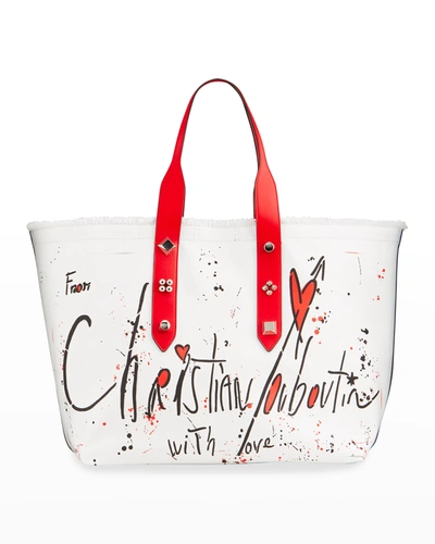 Shop Christian Louboutin Frangibus With Love Graffiti Printed Toile Shopping Tote Bag In Ivory