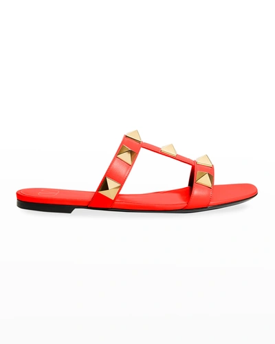 Shop Valentino Roman Stud T-strap Slide Sandals In Orange