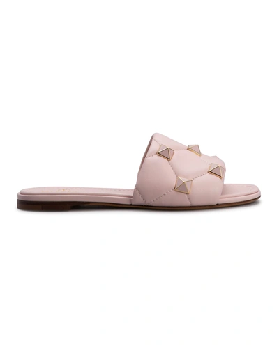 Shop Valentino Roman Stud Enameled Flat Slide Sandals In Rose