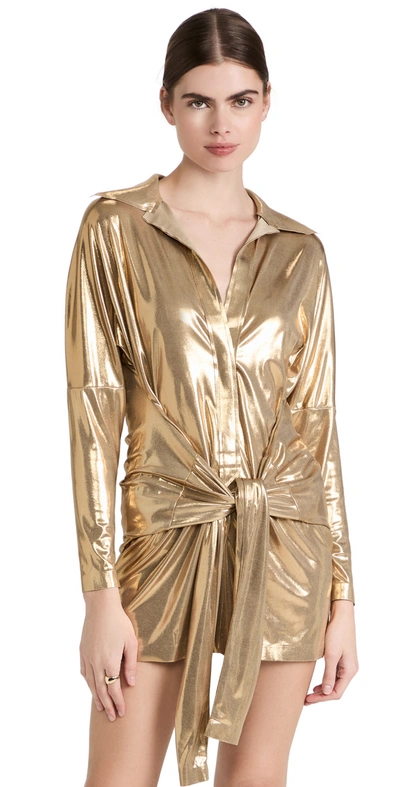 Shop Norma Kamali Tie Front Shirt Mini Dress In Gold