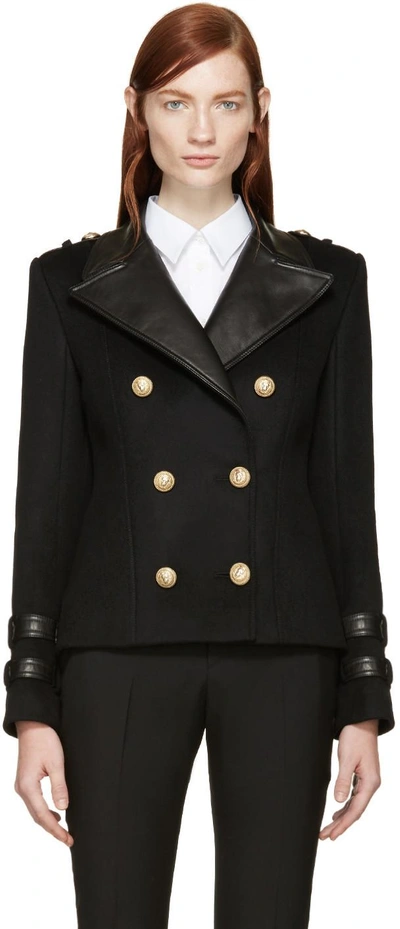 Shop Balmain Black Wool & Leather Jacket