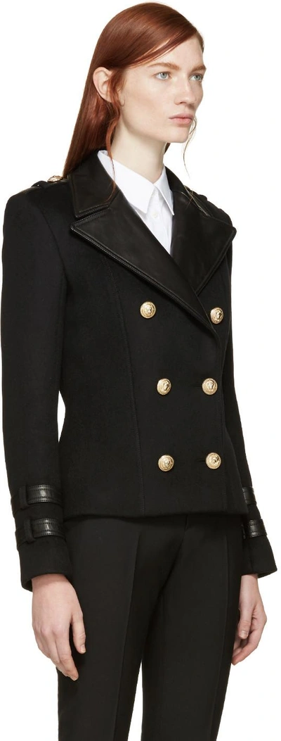 Shop Balmain Black Wool & Leather Jacket