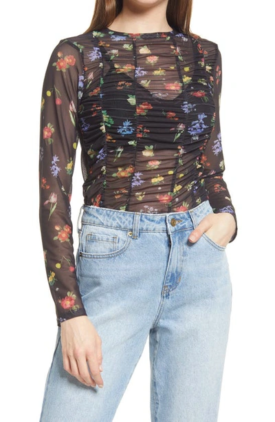 Shop Topshop Floral Ruched Mesh Long Sleeve Top In Multi