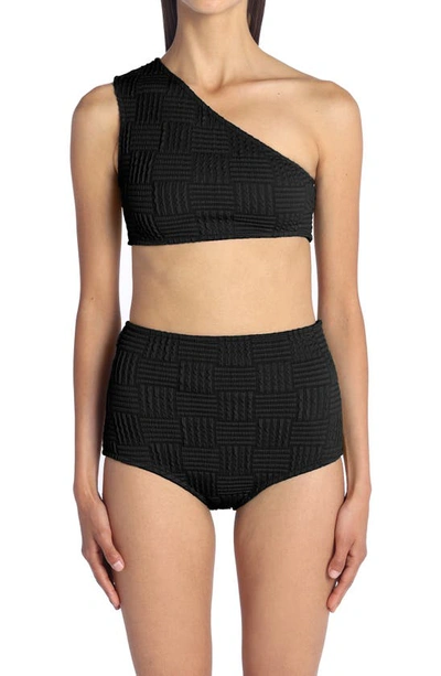 Shop Bottega Veneta Intrecciato Pattern One-shoulder Two-piece Swimsuit In 1000 Black