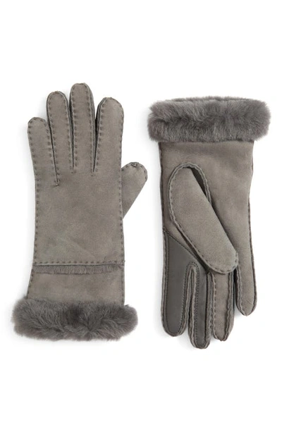 Shop Ugg Seamed Touchscreen Compatible Genuine Shearling Gloves In Metal