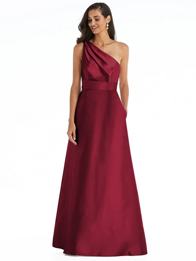 Shop Alfred Sung Draped One-shoulder Satin Maxi Dress With Pockets In Red