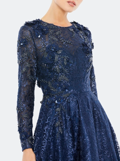 Shop Mac Duggal Long Sleeve A-line Floral Applique Gown In Navy