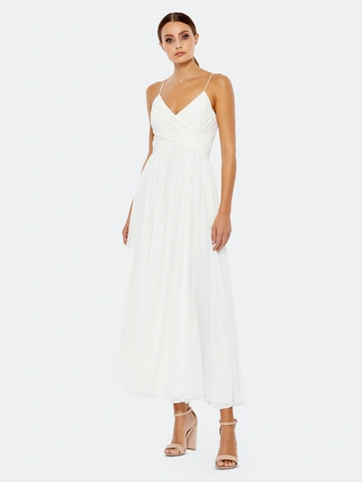 Shop Mac Duggal Ruched V-neck Chiffon Pleated Midi Dress In White