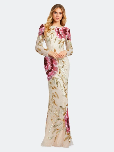 Shop Mac Duggal Floral Embellished Long Sleeve Cowl Back Gown In Nude Multi