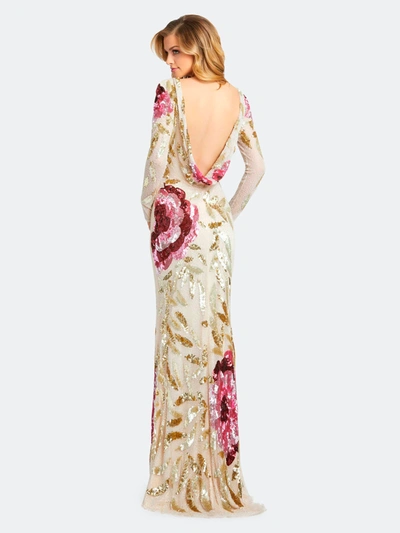 Shop Mac Duggal Floral Embellished Long Sleeve Cowl Back Gown In Nude Multi