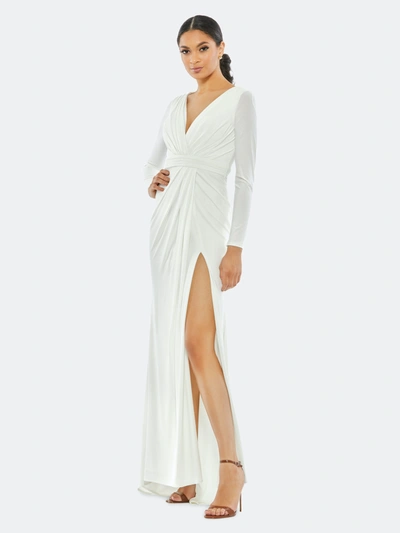 Shop Mac Duggal V-neck Long Sleeve High Slit Gown In White