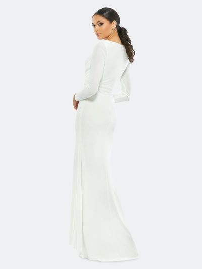 Shop Mac Duggal V-neck Long Sleeve High Slit Gown In White