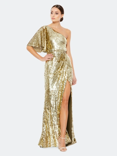 Shop Mac Duggal One-shoulder Bell Sleeve Sequin Gown In Gold