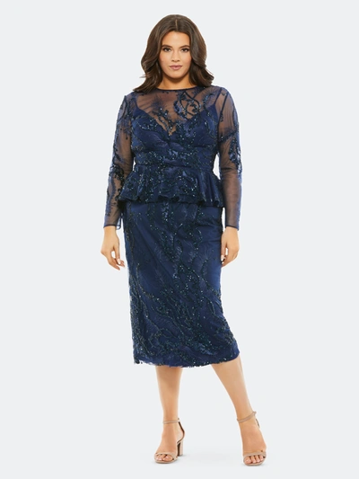 Shop Mac Duggal Embellished Illusion High Neck Long Sleeve Peplum Dress In Mid Night