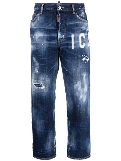Shop Dsquared2 Logo-print Distressed Skinny Jeans In Blau