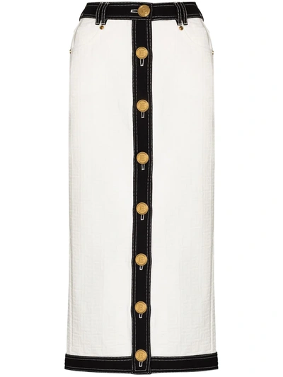 Shop Balmain Button-embellished Two-tone Skirt In Weiss