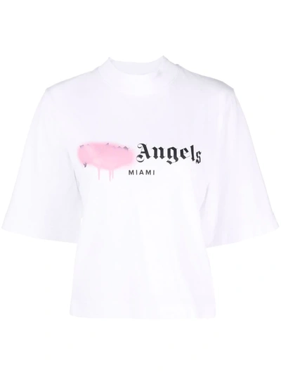 Palm Angels Sprayed-logo Cropped T-shirt In Weiss
