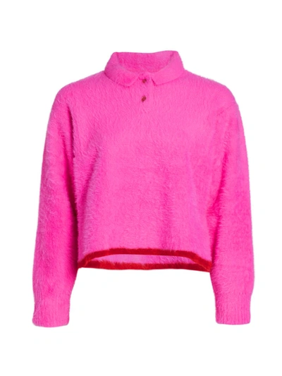 Shop Jacquemus Neve Knit Long-sleeve Polo In Pink