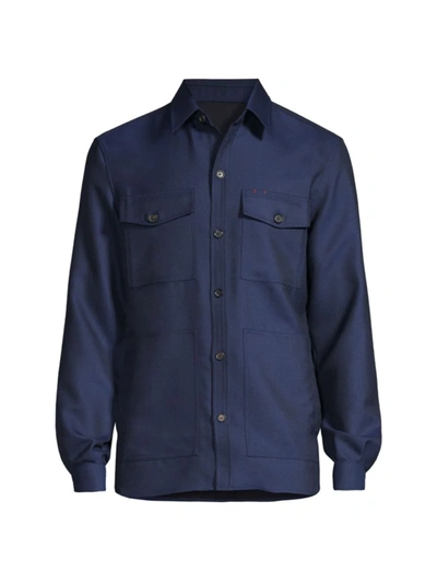 Shop Isaia Men's Wool-blend Button-down Overshirt In Blue